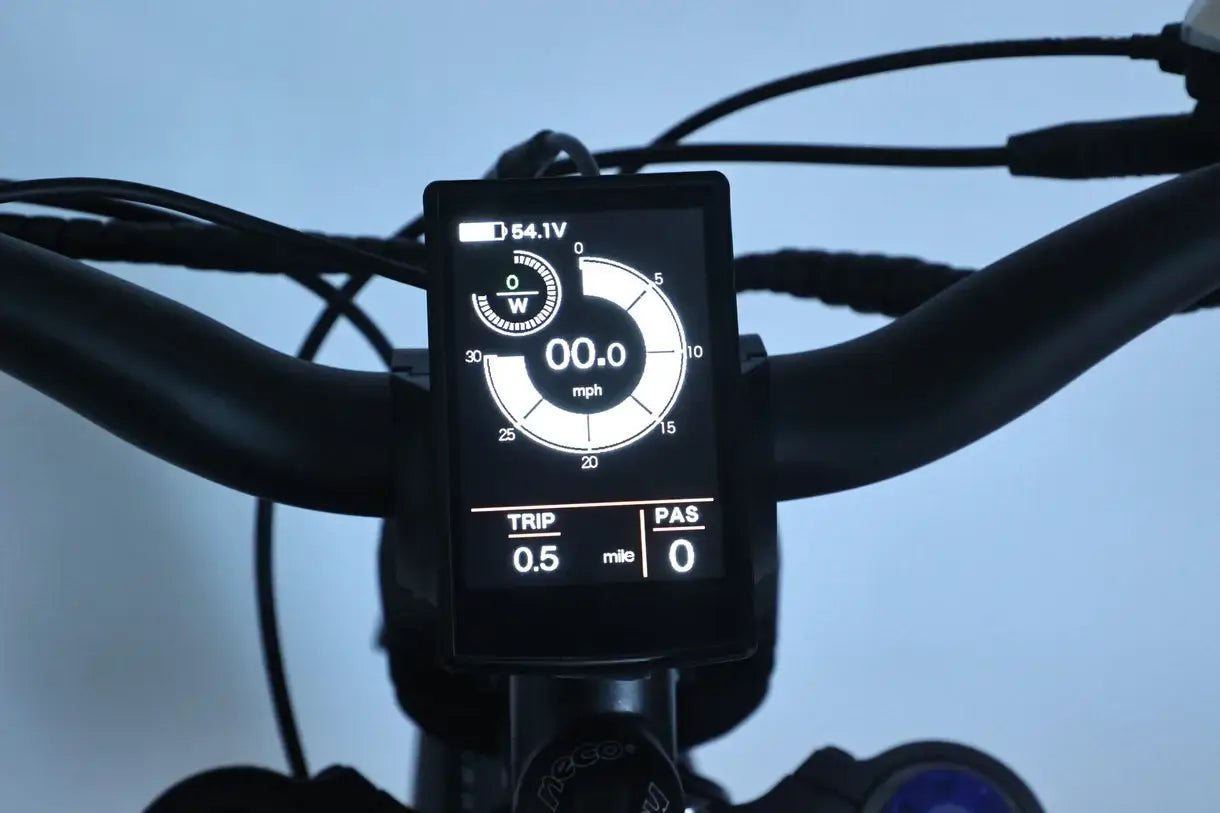 Digital display on GhostCat F4X Pro electric bike showing speed, battery life, and trip information.
