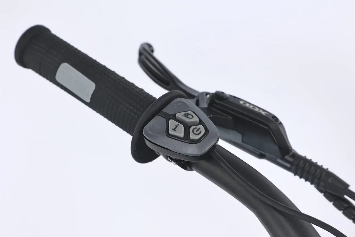 Close-up of GhostCat F4X Pro electric bike handlebars with control buttons and textured grip.