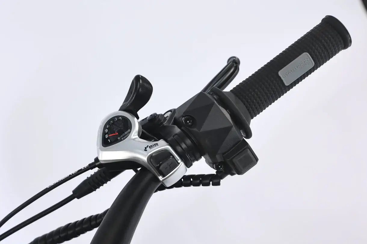 Close-up of GhostCat F4X Pro electric bike handlebars with throttle and control display.