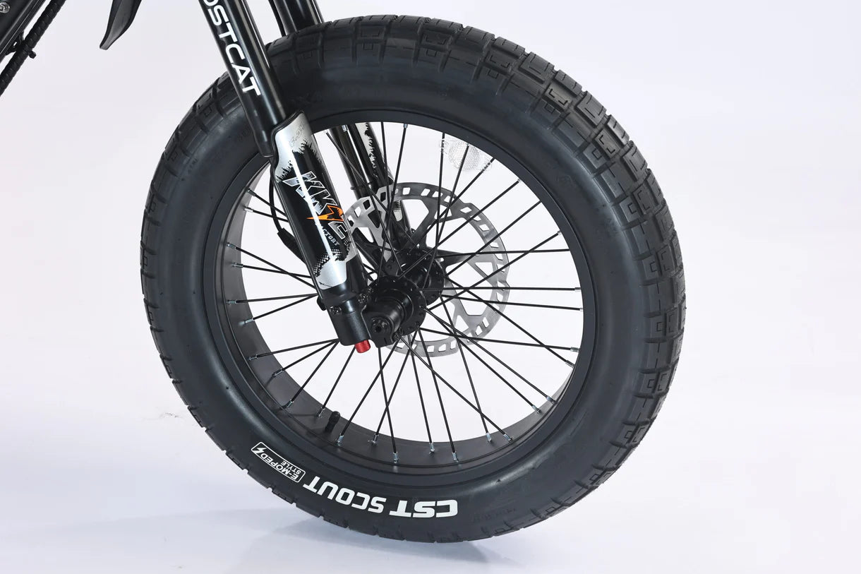 Close-up of the CST fat tire on the GhostCat F4X Pro electric bike, showcasing its rugged design for all-terrain performance.