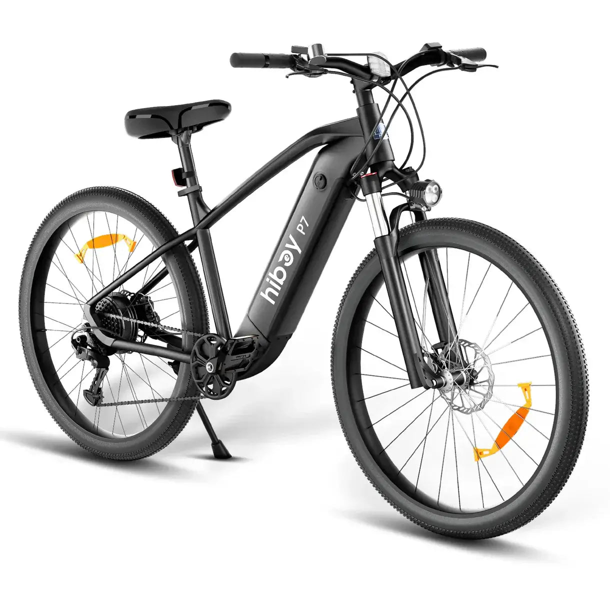 Hiboy P7 E-Bike showcasing a sleek design with a 500W motor and durable tires for commuting and terrain navigation.