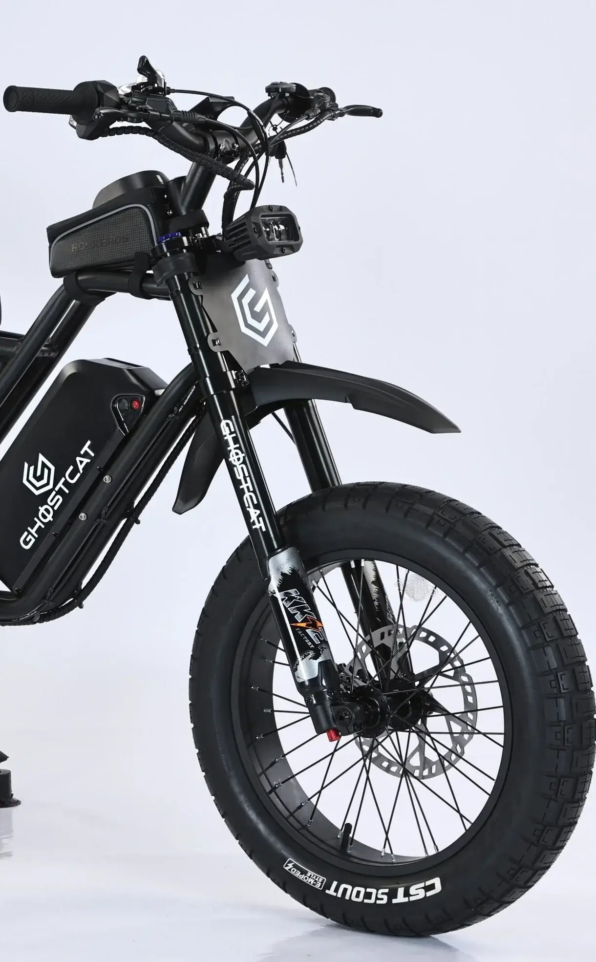 GhostCat F4X Pro electric bike featuring CST fat tires, lightweight design, and robust suspension for all-terrain riding.