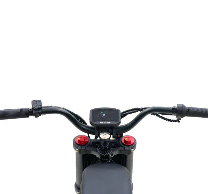 View of the handlebars and display of the Riding Times GT73 electric dirt bike with ergonomic design.