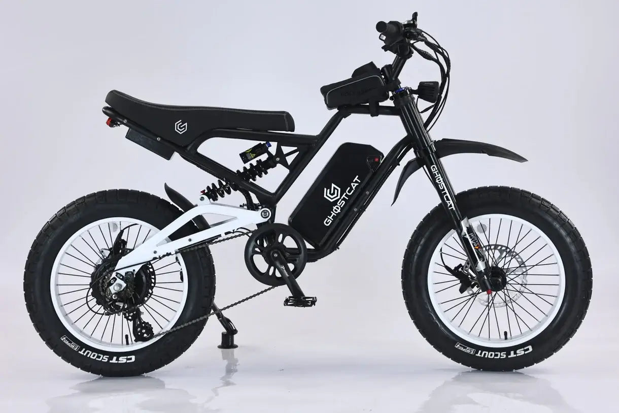 GhostCat F4X Pro all-terrain fat tire electric bike in black and white, showing sleek design and sturdy tires.