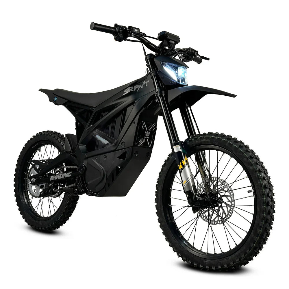 SRPNT 72V E-Moto electric dirt bike, lightweight design, high-efficiency mid-drive motor for performance riders.