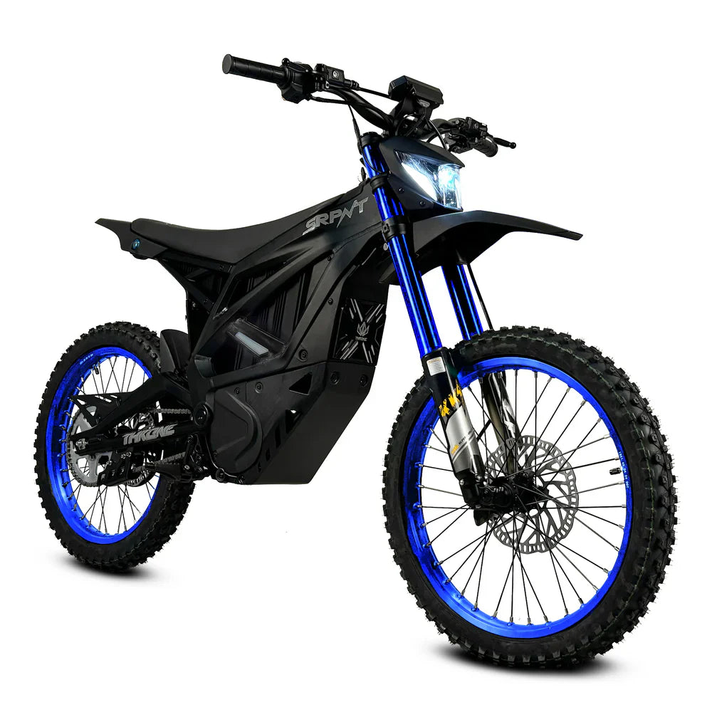 SRPNT 72V E-Moto electric dirt bike showcasing powerful design and blue accents, built for performance and durability.