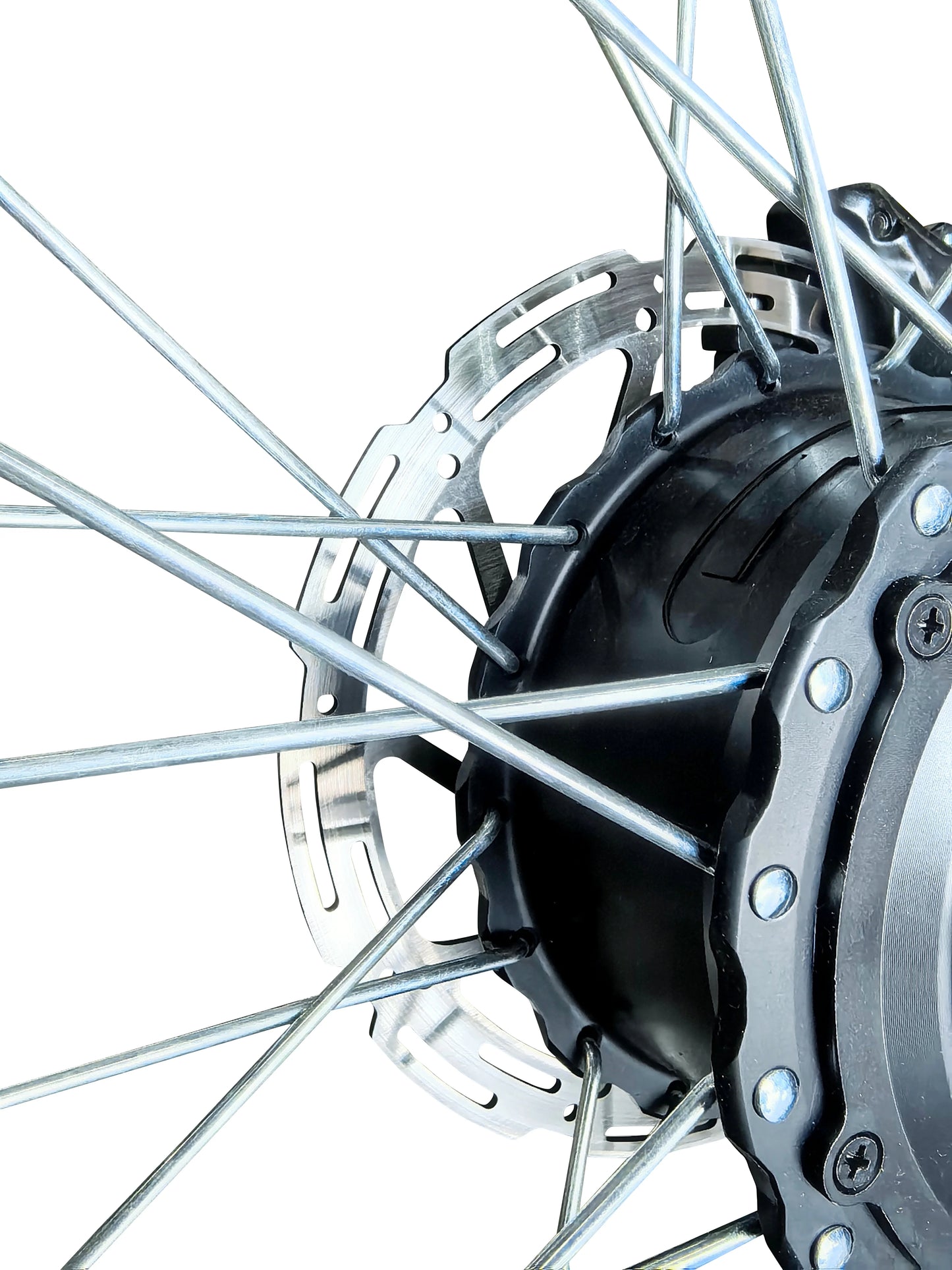 Close-up of the durable wheel hub and spokes of the Riding Times GT73 electric dirt bike's rear wheel.