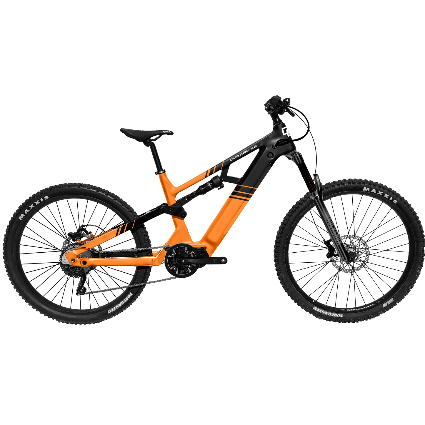 2025 CyberBike Raptor Pro in Sunset Orange Two-Tone with MTB features for trail and enduro riding.
