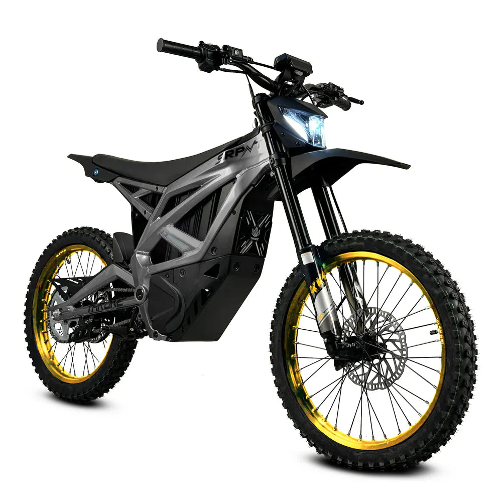 SRPNT 72V E-Moto in sleek black design with gold rims, perfect for trail riding and performance.