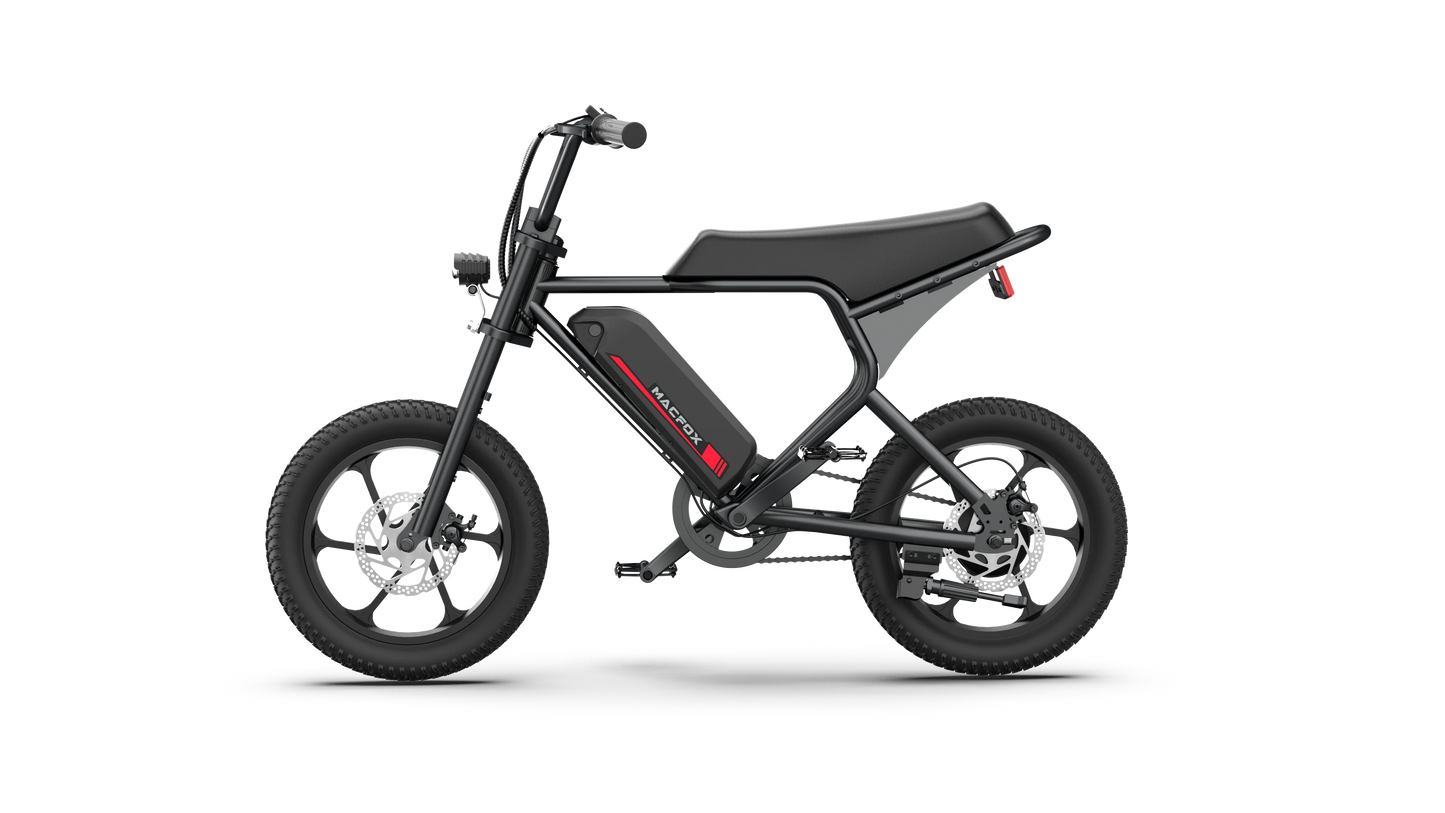 Macfox M19 Electric Mini bike with a sleek black design, featuring a 250W motor and 16 mph top speed.