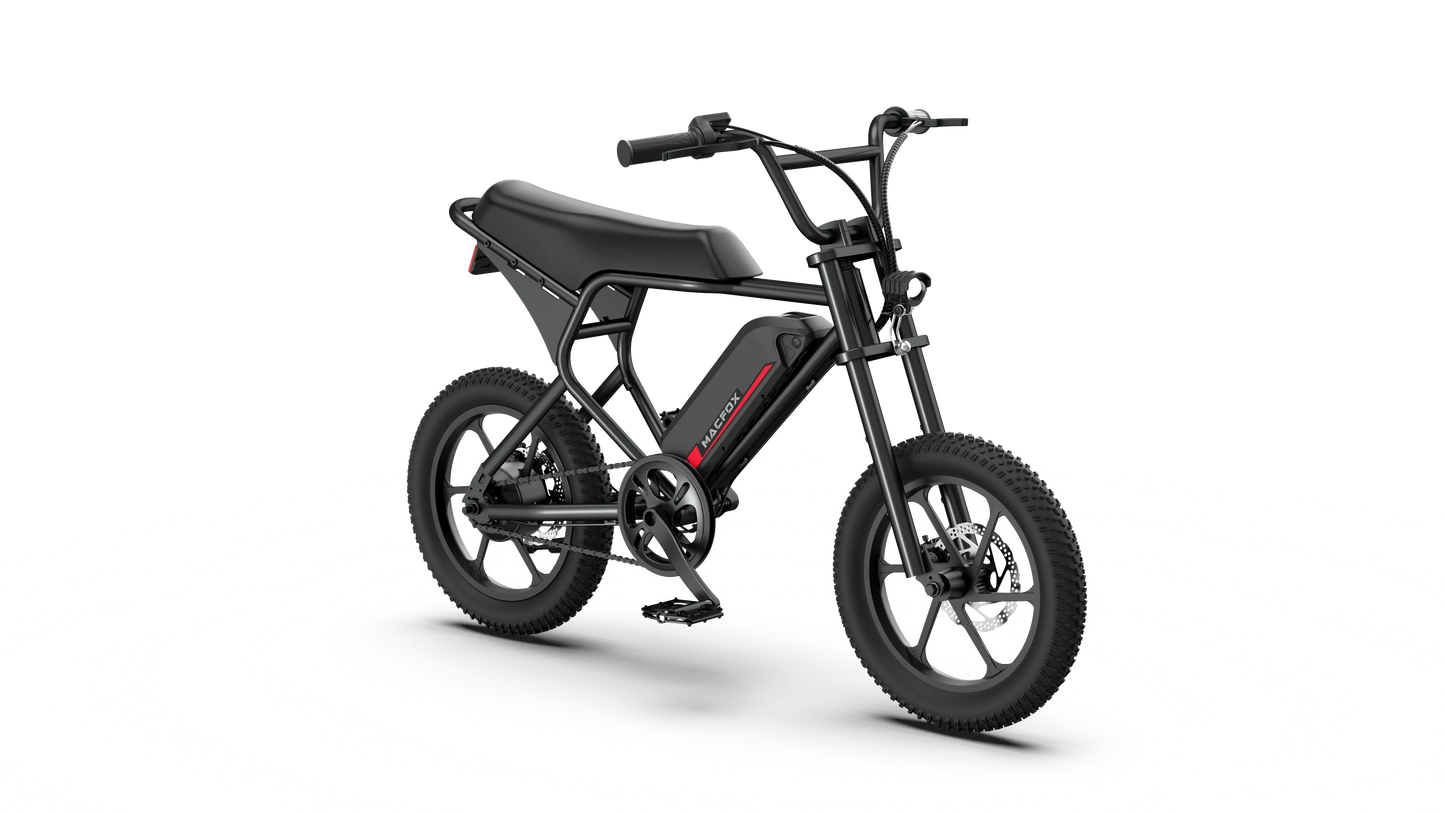 Macfox M19 Electric Mini bike with steel frame, 16-inch tires, and LCD taillight, designed for speeds up to 16 mph.