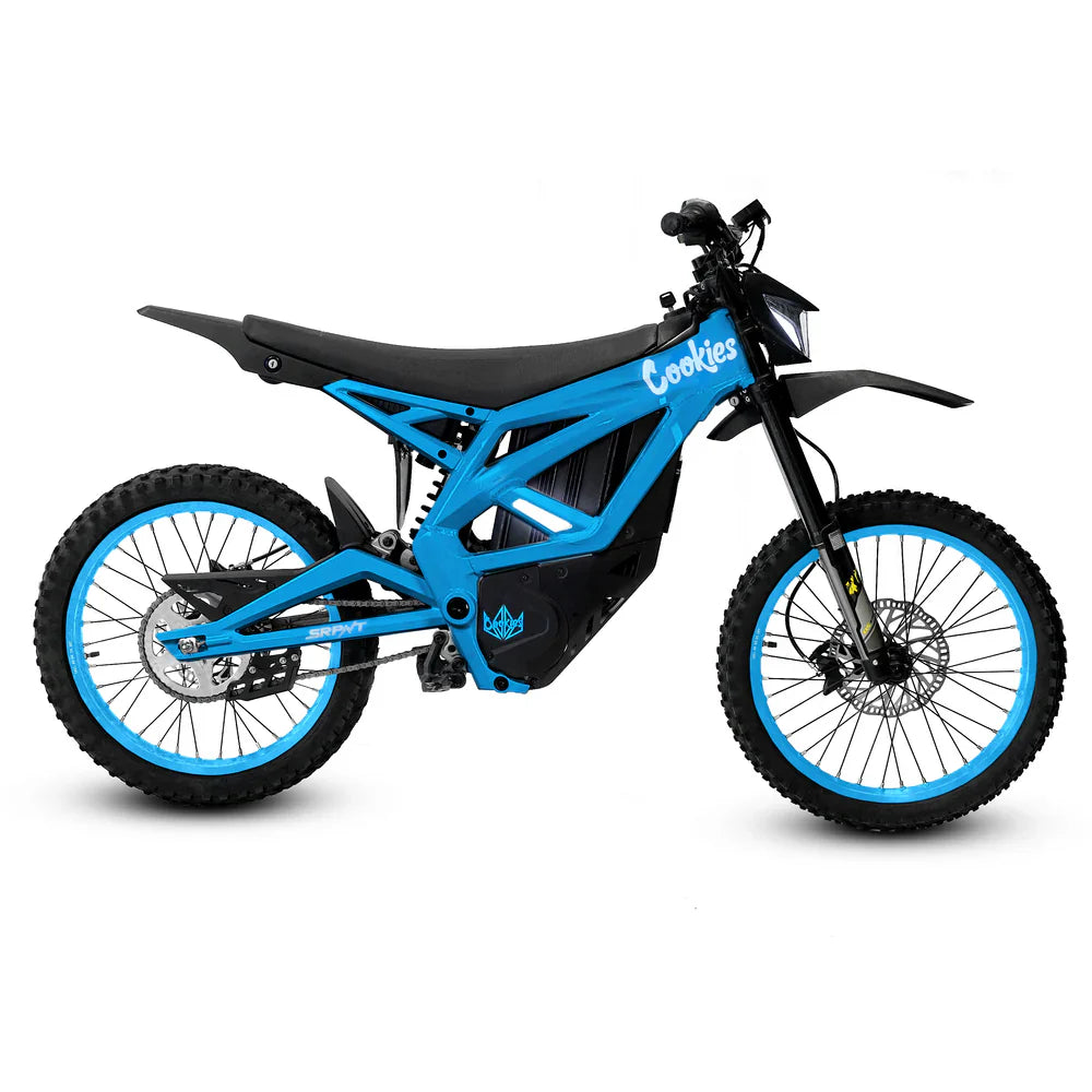 SRPNT 72V E-Moto in blue, lightweight mid-drive electric dirt bike designed for performance-driven riders.