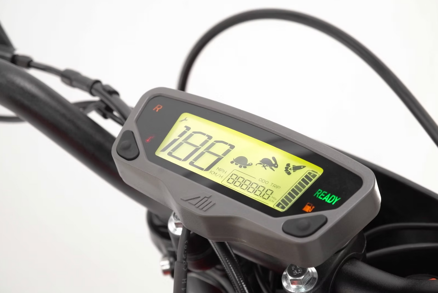 A close-up of the digital display panel on the RFN Ares Rally E-Moto showcasing speed and battery indicators.