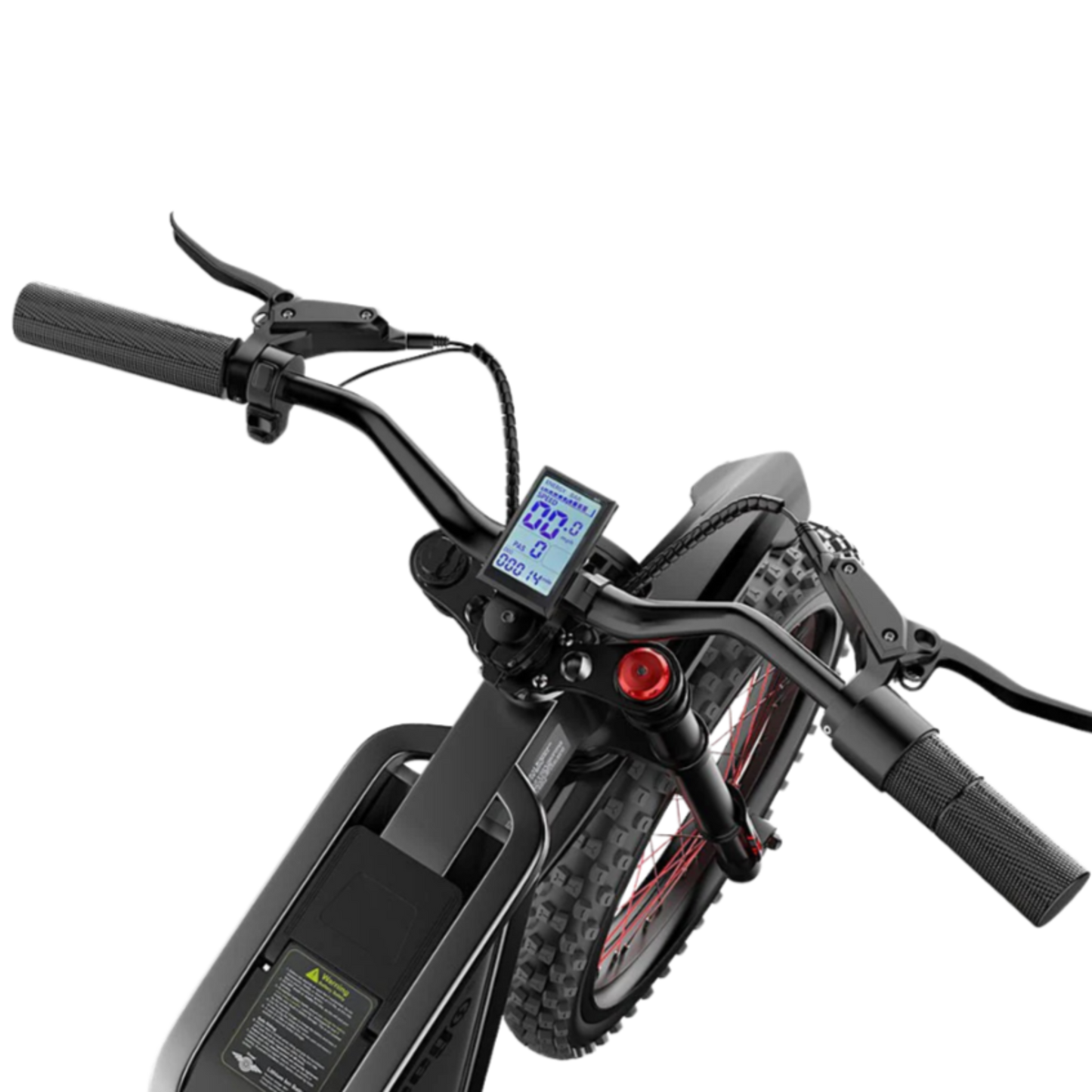 Close-up of Freego X2 Pro handlebars featuring LCD display and control system for advanced electric bike performance.