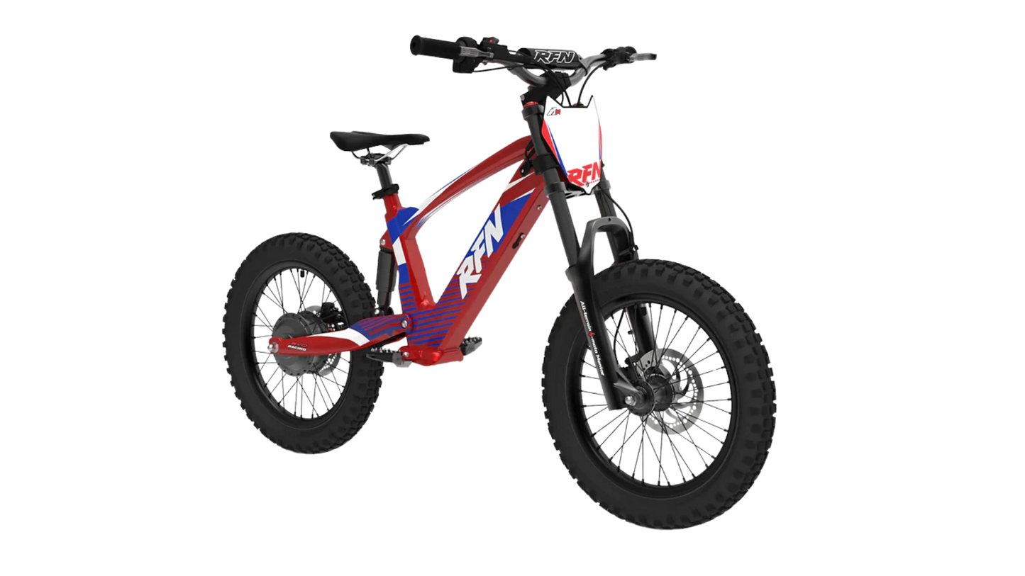 RFN Evo Racing 18 electric kids bike featuring a lightweight aluminum frame and adjustable suspension for comfort.