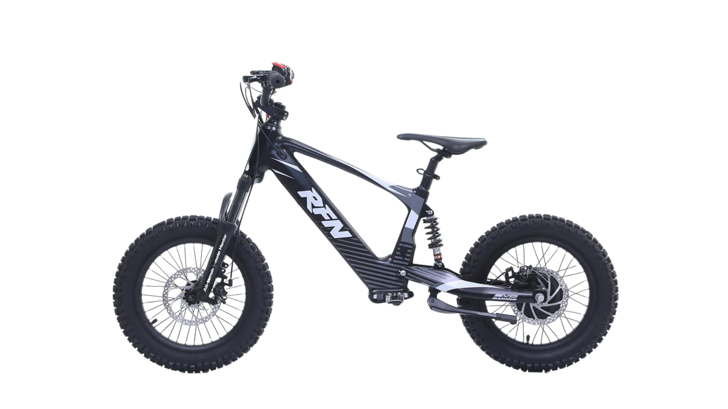RFN Evo Racing 16 E-Moto electric kids bike with lightweight aluminum frame and adjustable suspension.