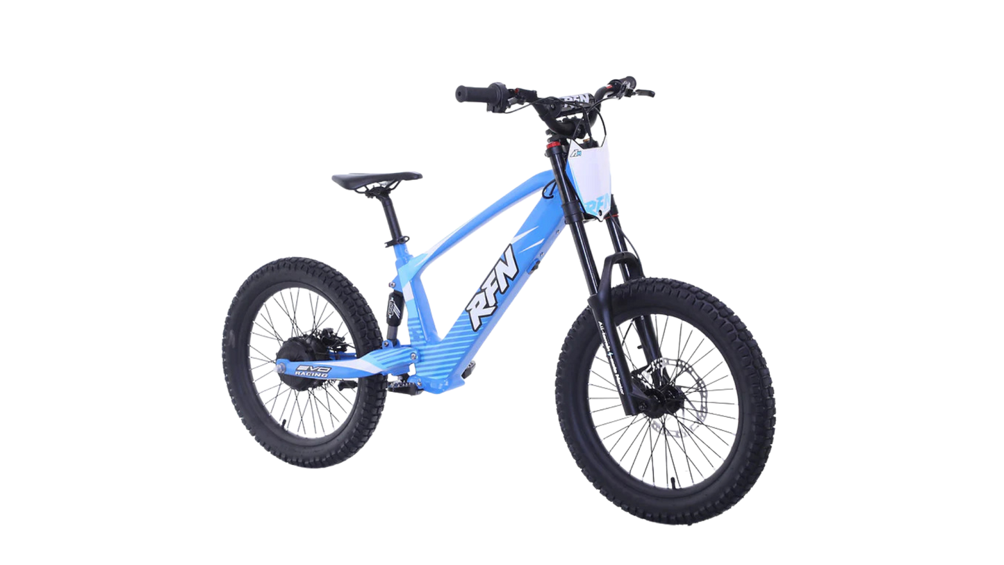 RFN Evo Racing 20 E-Moto electric kids bike in blue, ideal for off-road adventures with advanced features.