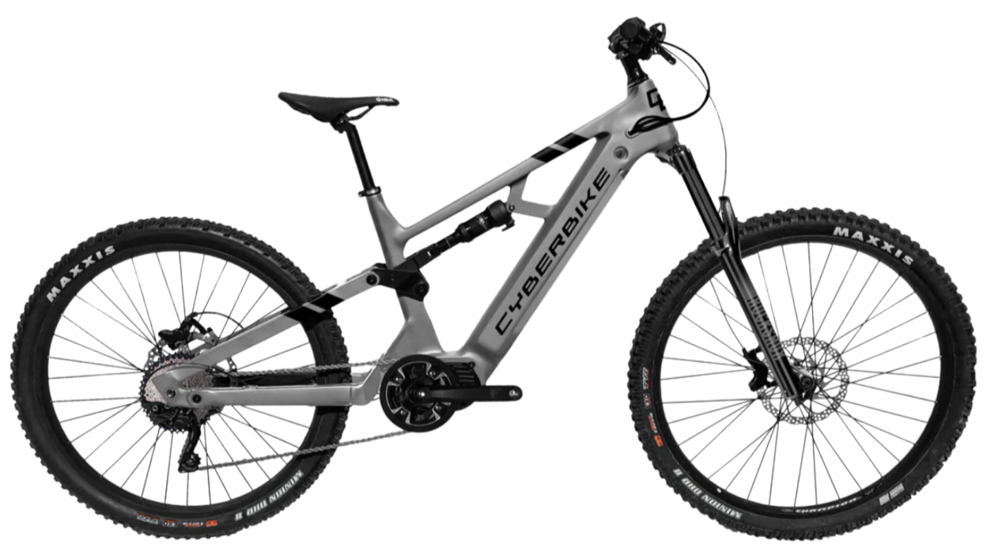 2025 CyberBike Raptor Pro in Arctic Gray, designed for trail and enduro riding, unisex, 58 lb weight.