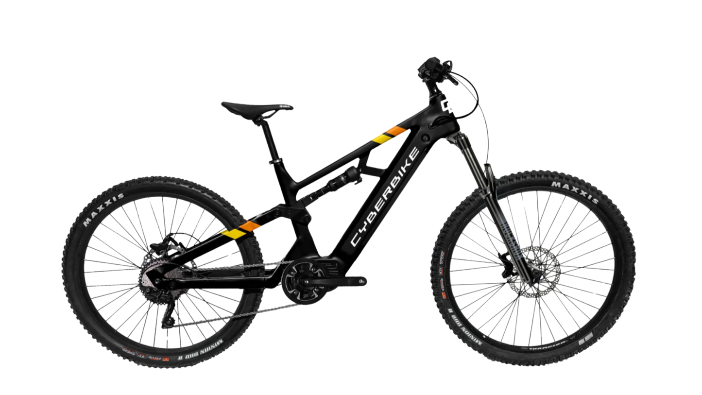 2025 CyberBike Raptor Pro in Stealth Black, designed for trail and all-mountain riding, featuring a sturdy frame and modern design.