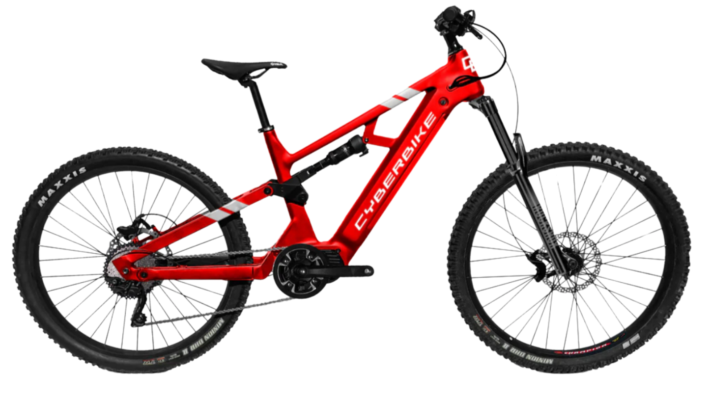 2025 CyberBike Raptor Pro in vibrant red, designed for trail and enduro riding, unisex with advanced geometry.