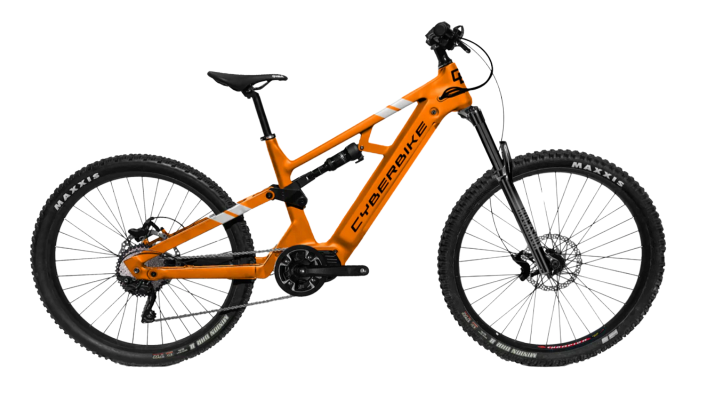 2025 CyberBike Raptor Pro in Sunset Orange Two-Tone, designed for all-mountain and trail riding.
