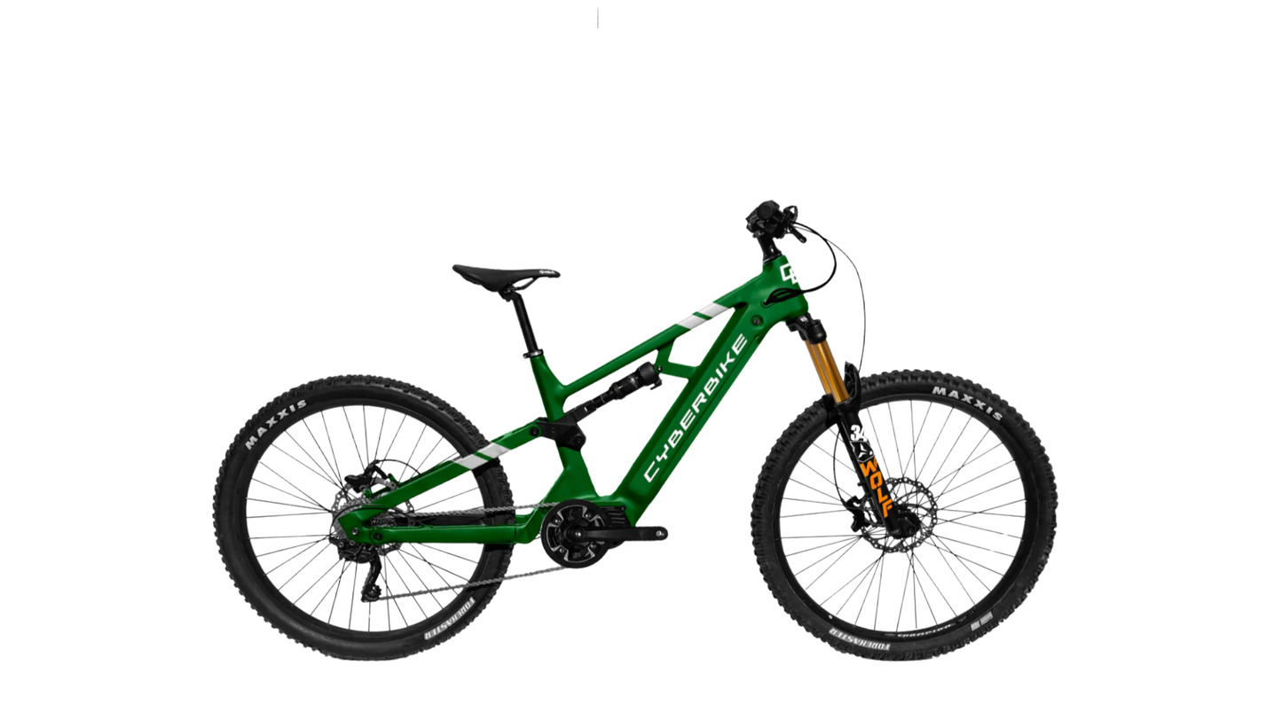 2025 CyberBike Cyclone RX in green, designed for trail and all-mountain riding, featuring a lightweight frame and durable components.