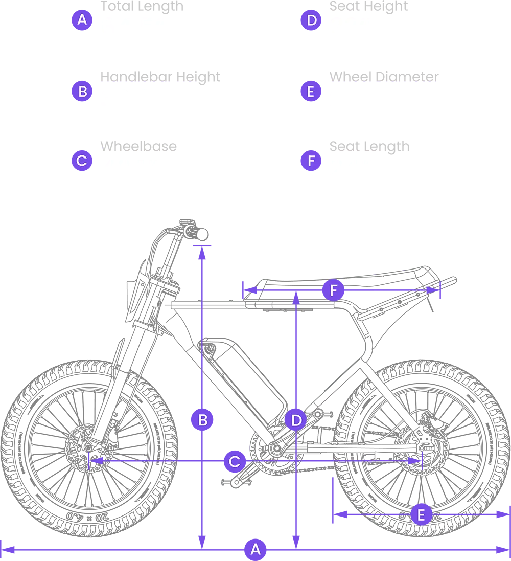 Diagram showing dimensions and measurements of the Macfox E-bike X1S, including frame and tire sizes.