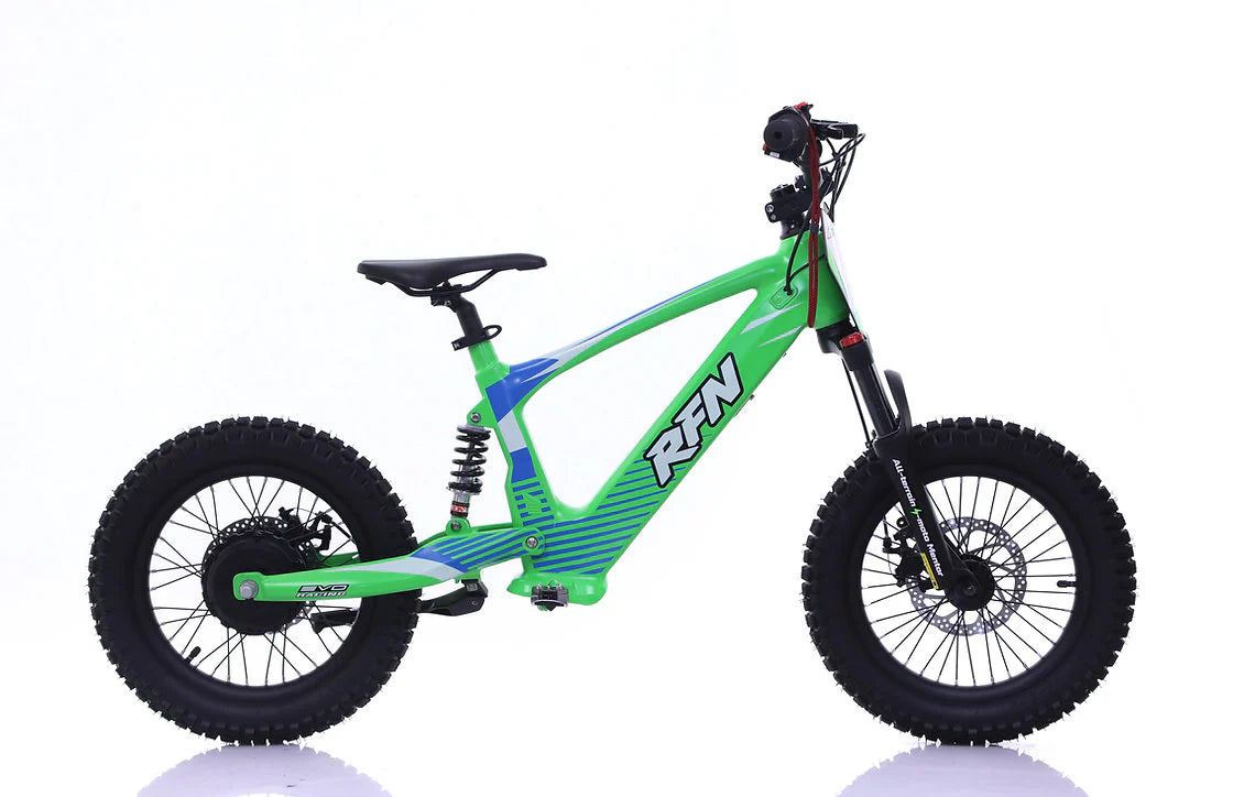 RFN Evo Racing 20 E-Moto electric kids bike in vibrant green for advanced off-road adventures.