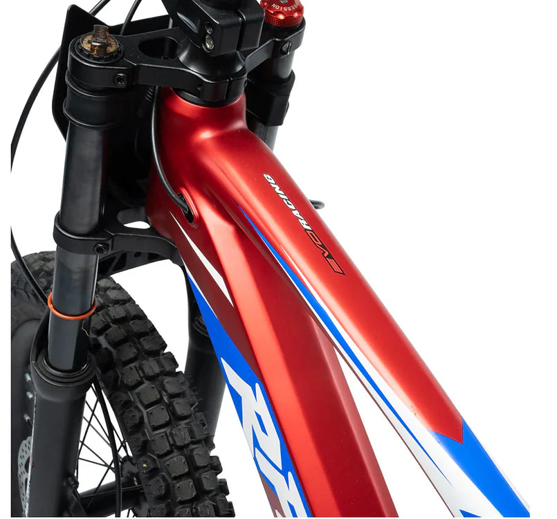 Close-up of the RFN Evo Racing 18 E-Moto showcasing the sleek red and blue aluminum frame design.