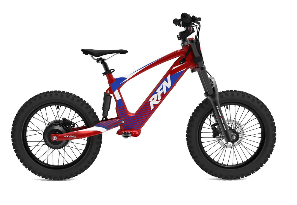 RFN Evo Racing 18 Electric Kids Bike in red and blue, featuring a lightweight frame and oversized tires for safety.