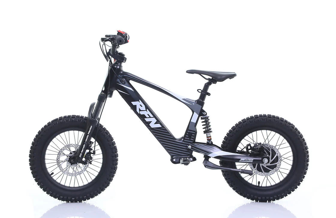 RFN Evo Racing 20 E-Moto electric kids bike with rugged tires, adjustable suspension, and powerful motor for off-road adventures.
