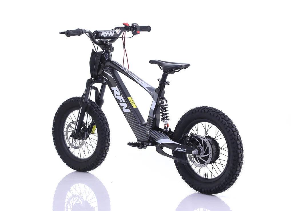 RFN Evo Racing 20 E-Moto electric kids bike with lightweight frame, suspension, and off-road tires.