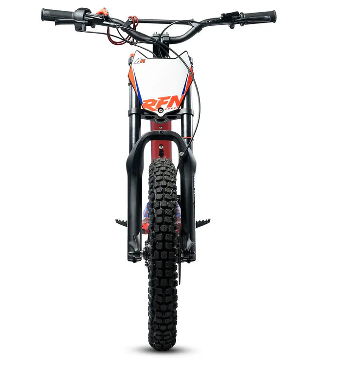 Front view of RFN Evo Racing 18 Electric Kids Bike, showcasing its powerful motor and durable design.