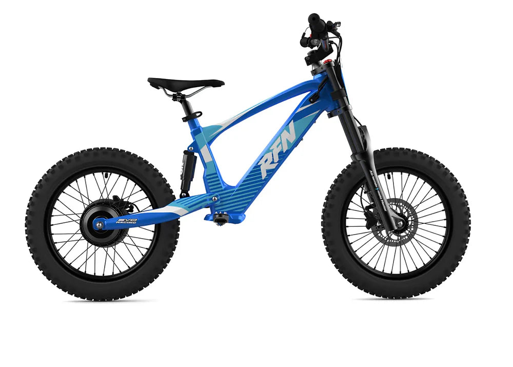 RFN Evo Racing 18 E-Moto electric kids bike in blue with large tires and lightweight frame for safe riding.