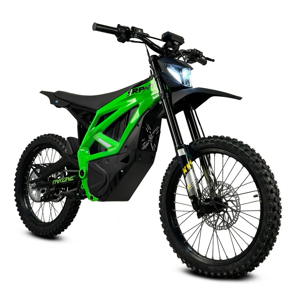 SRPNT 72V E-Moto electric dirt bike in vibrant green, designed for performance and built for tough terrains.
