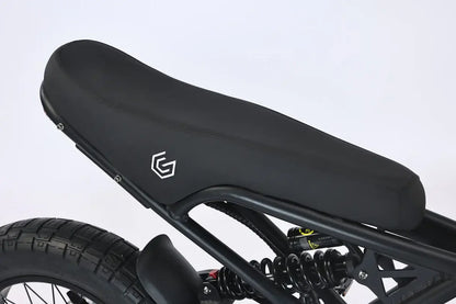 Close-up of the GhostCat F4X Pro bike seat with sleek black design and logo, showcasing durability and comfort.