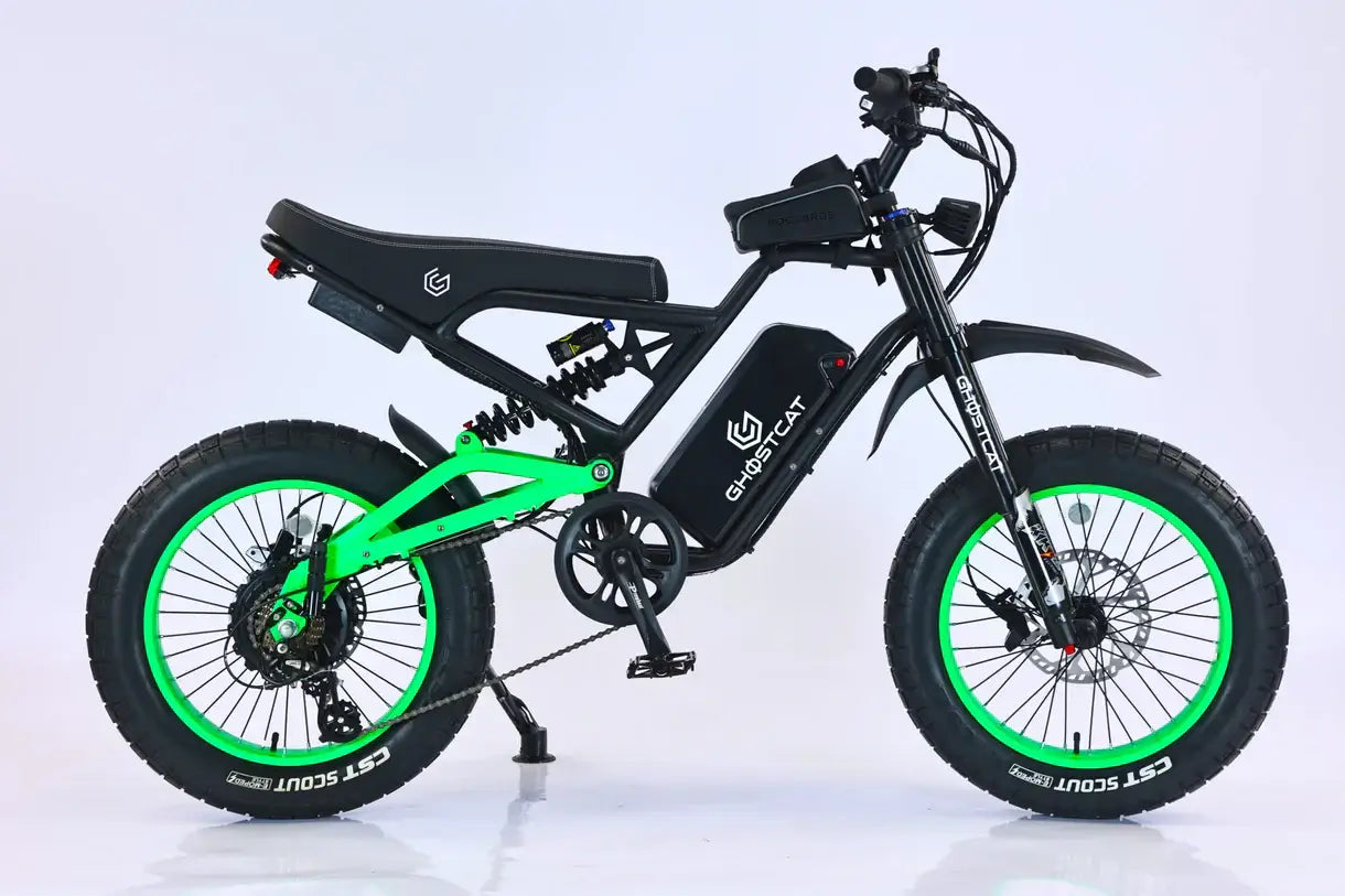 GhostCat F4X Pro all-terrain electric bike with fat tires and a lightweight design, showcasing sporty green accents.