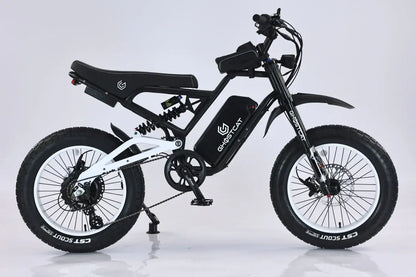 GhostCat F4X Pro all-terrain fat tire electric bike in black and white, showing sleek design and sturdy tires.