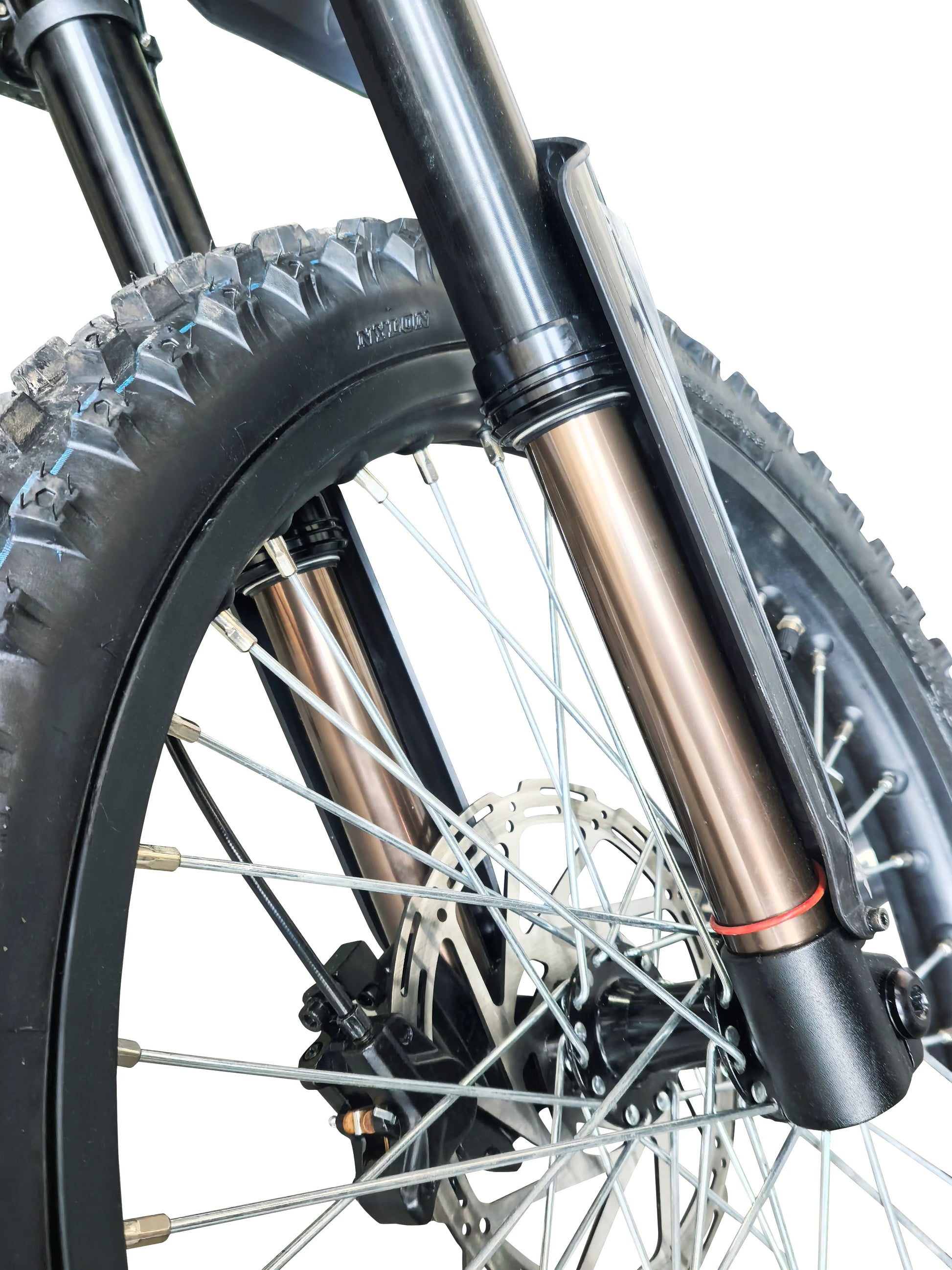 Close-up of the aluminum hydraulic front fork and tire of the Riding Times GT73 electric dirt bike.