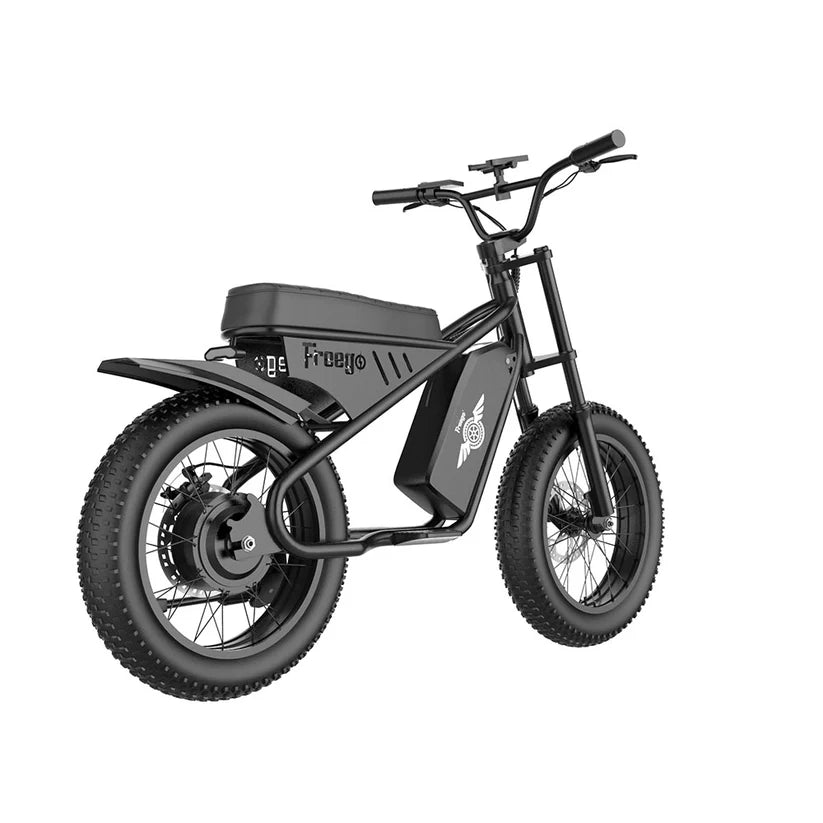Freego M1 Mini electric bike with fat tires and rear hub motor, showcasing its sleek design and front suspension.