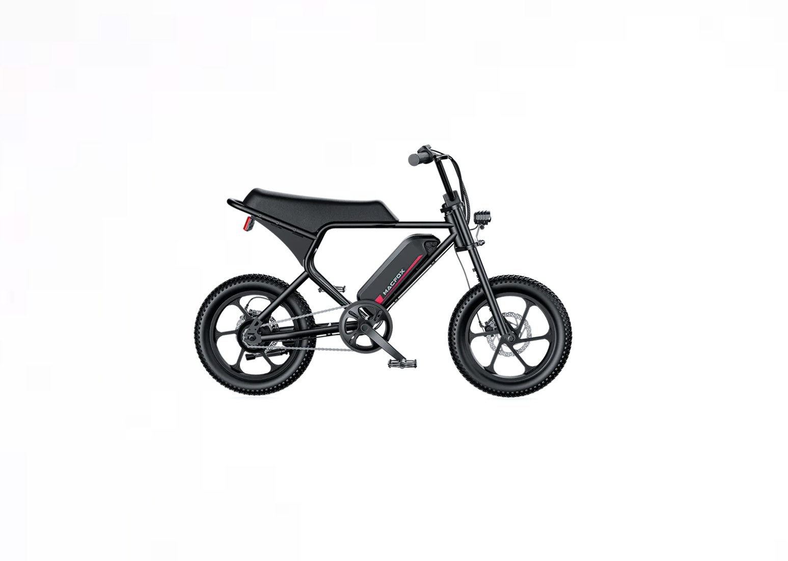 Macfox M19 Electric Mini bike in black, featuring disc brakes and a lightweight frame for urban commuting.