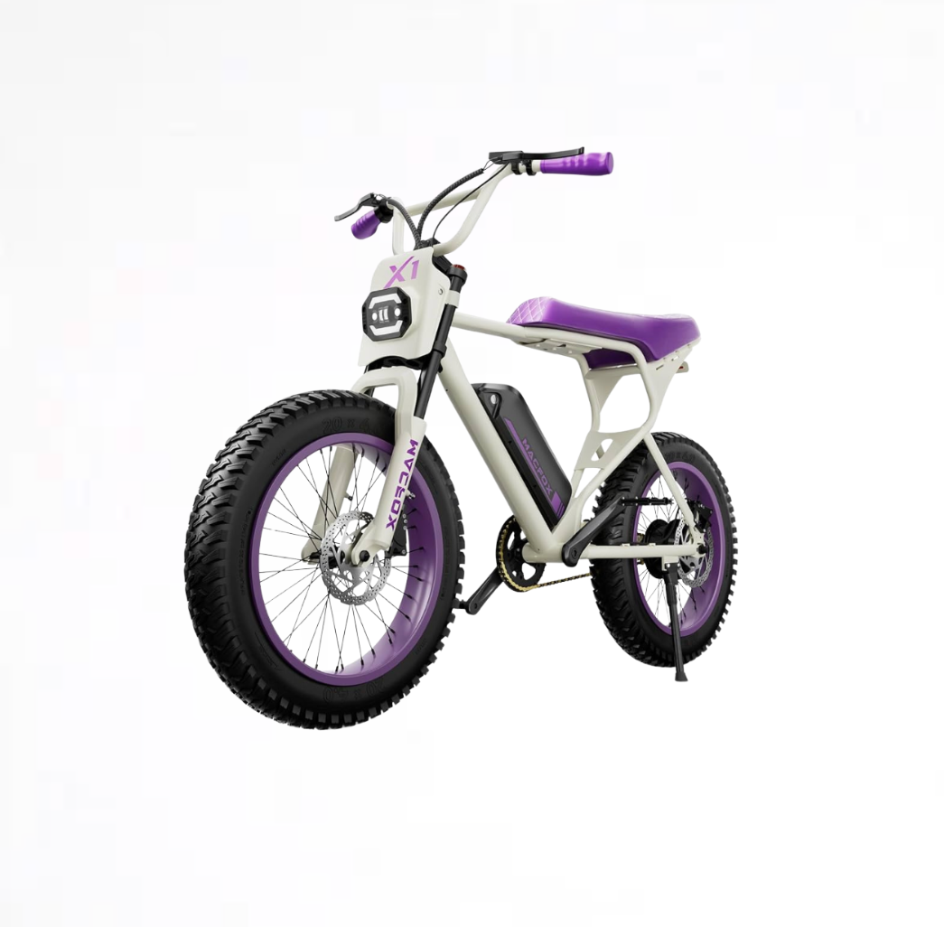 Macfox E-bike X1S with purple accents, 20" tires, mechanical disc brakes, and front suspension for smooth rides.