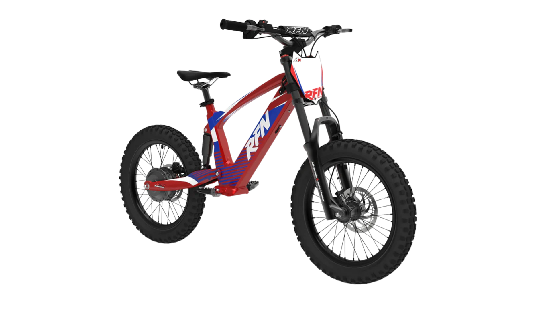 RFN Evo Racing 18 electric kids bike featuring a lightweight aluminum frame and adjustable suspension for comfort.
