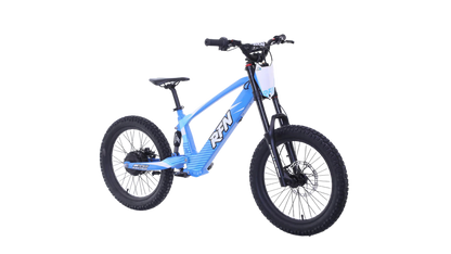 RFN Evo Racing 20 E-Moto electric kids bike in blue, ideal for off-road adventures with advanced features.