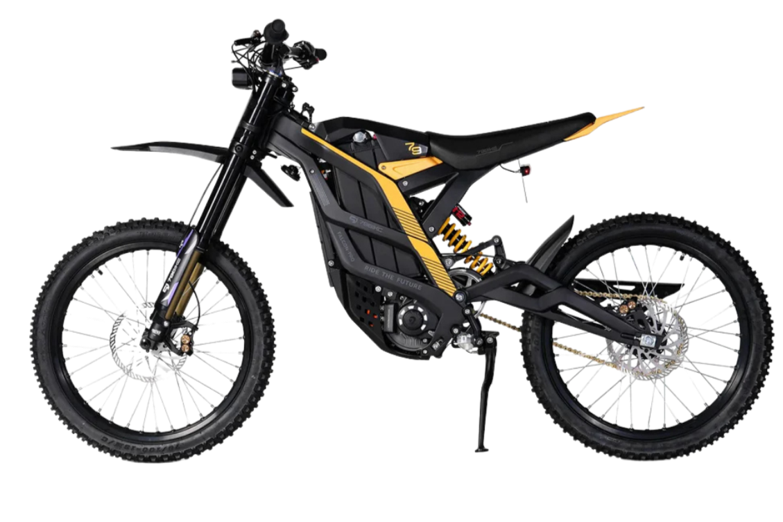 79BIKE Falcon Pro electric dirt bike in Kenshi Black with yellow accents, showcasing its advanced design and suspension.