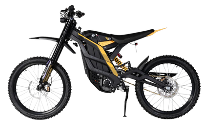 79BIKE Falcon Pro electric dirt bike in Kenshi Black with yellow accents, showcasing its advanced design and suspension.