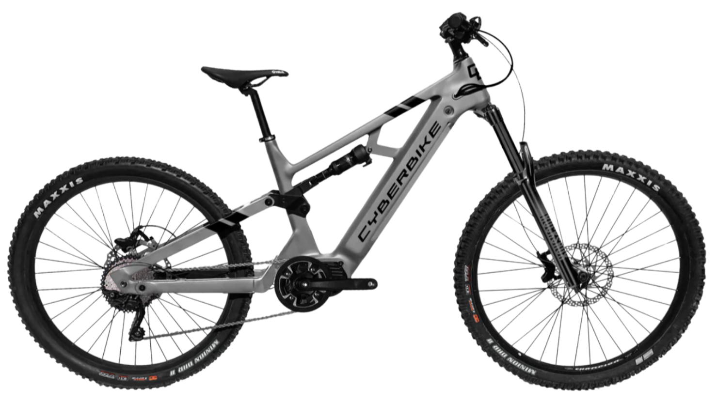2025 CyberBike Raptor Pro in Arctic Gray, designed for trail and enduro riding, unisex, 58 lb weight.