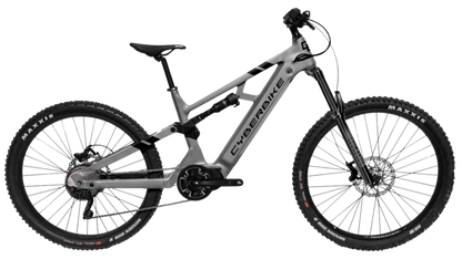 2025 CyberBike Raptor Pro in Arctic Gray, designed for trail and enduro riding, unisex, 58 lb weight.