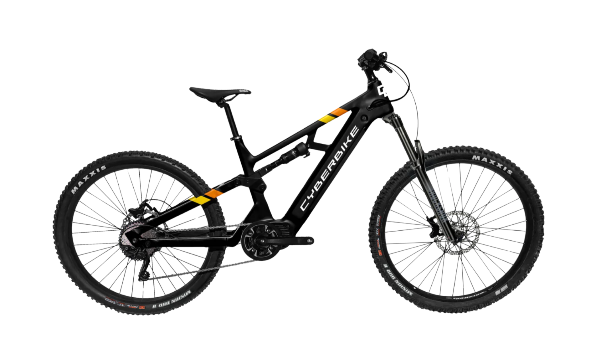 2025 CyberBike Raptor Pro in Stealth Black, designed for trail and all-mountain riding, featuring a sturdy frame and modern design.