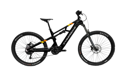2025 CyberBike Raptor Pro in Stealth Black, designed for trail and all-mountain riding, featuring a sturdy frame and modern design.